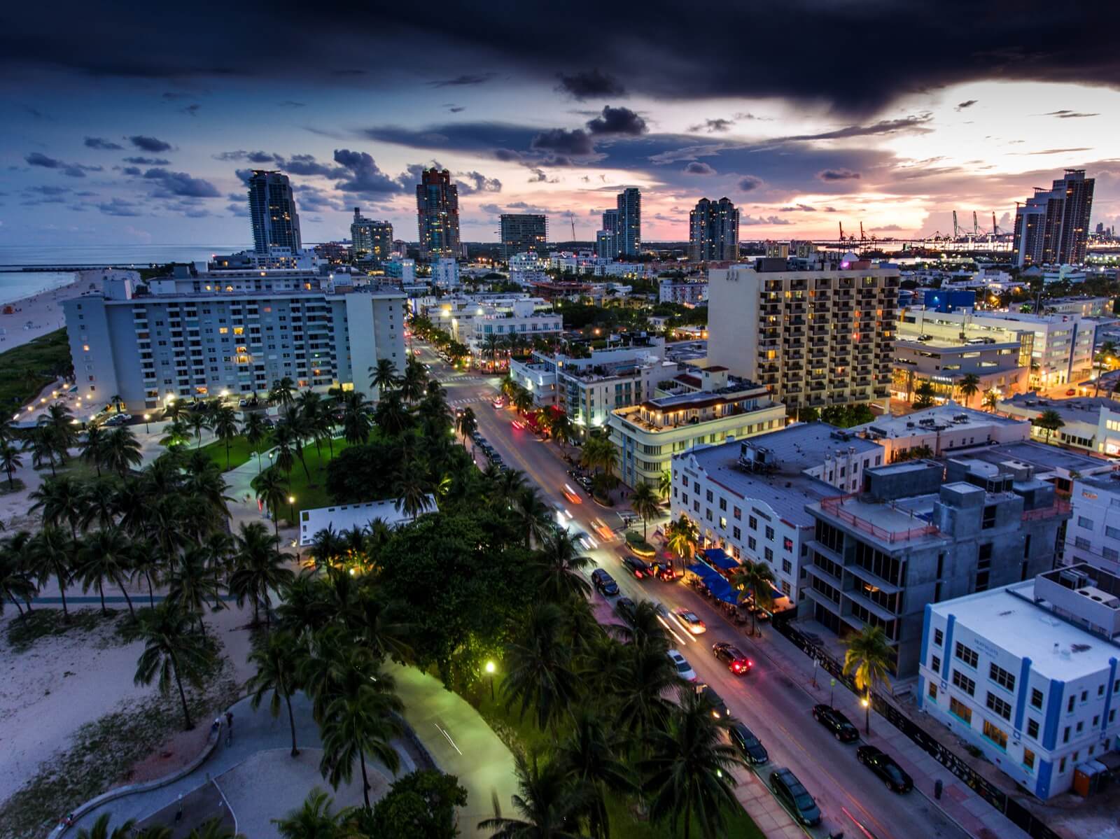 Aerial View of Illuminated Streets and Parks in Miami